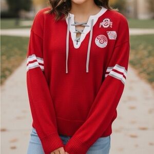 WEAR BY ERIN ANDREWS Ohio State Buckeye OSU Lace-Up Varsity Sweater Scarlet Gray
